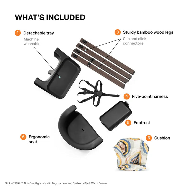 Stokke® Clikk™ High Chair - Black Warm Brown with Cushion and Travel Bag, Lightweight Portable Highchair for Baby and Toddler, Tool-Free Assembly, Easy to Clean, 5-Point Harness (6 to 36 Months) - Black Warm Brown/Multi Circles