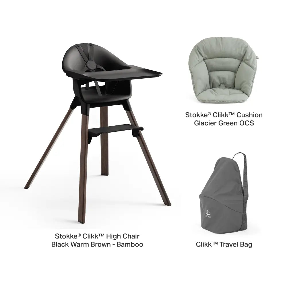 Stokke® Clikk™ High Chair - Black Warm Brown with Cushion and Travel Bag, Lightweight Portable Highchair for Baby and Toddler, Tool-Free Assembly, Easy to Clean, 5-Point Harness (6 to 36 Months) - Black Warm Brown/Glacier Green