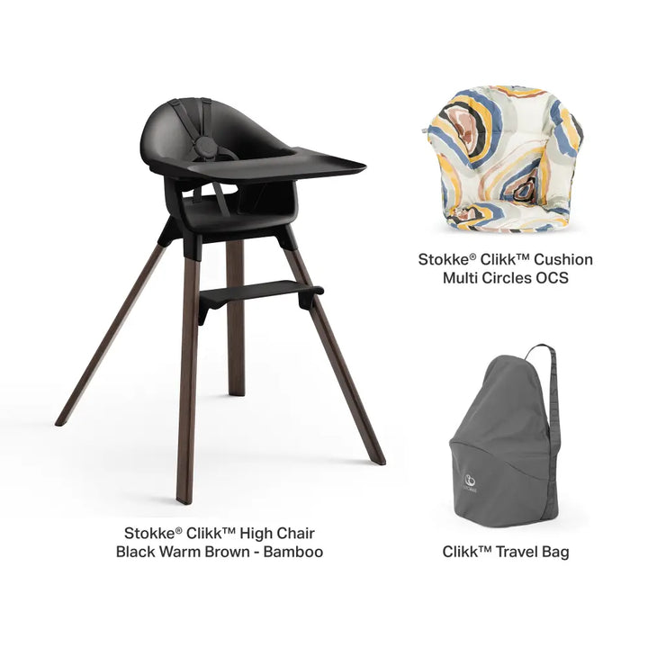 Stokke® Clikk™ High Chair - Black Warm Brown with Cushion and Travel Bag, Lightweight Portable Highchair for Baby and Toddler, Tool-Free Assembly, Easy to Clean, 5-Point Harness (6 to 36 Months) - Black Warm Brown/Multi Circles