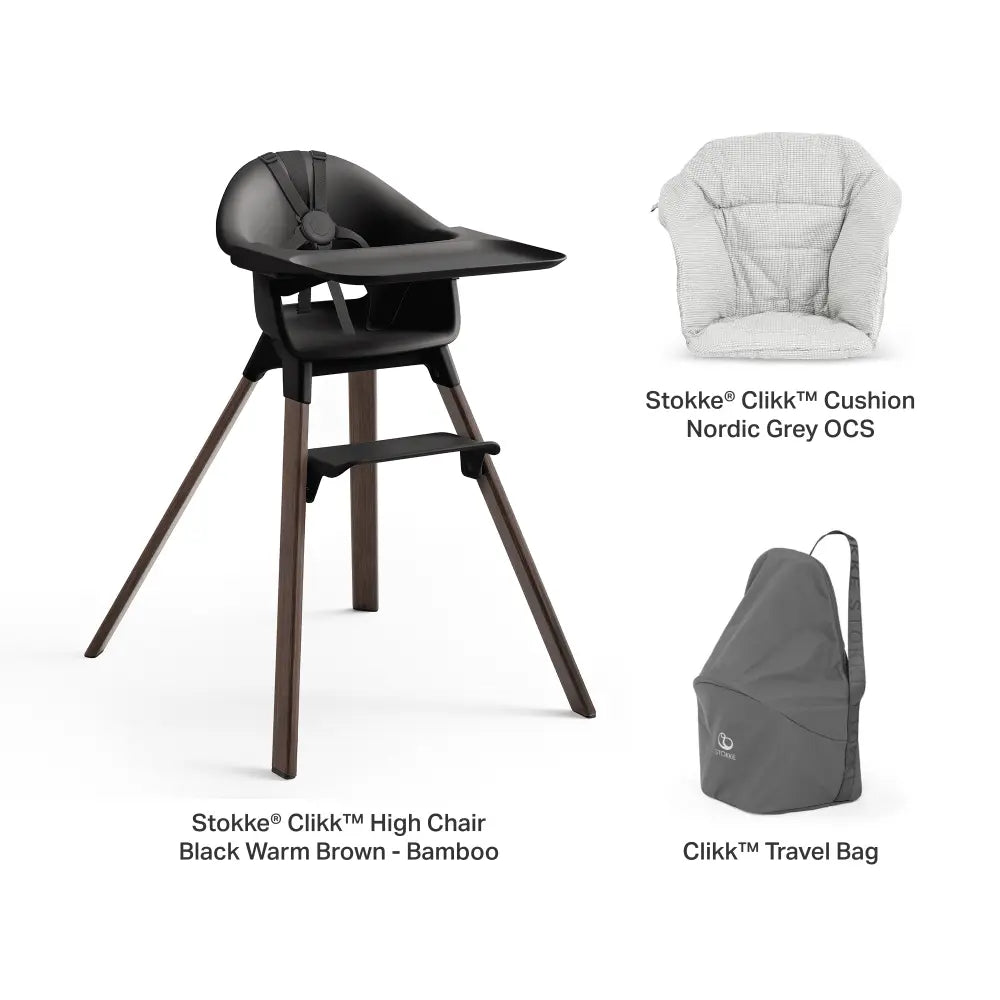 Stokke® Clikk™ High Chair - Black Warm Brown with Cushion and Travel Bag, Lightweight Portable Highchair for Baby and Toddler, Tool-Free Assembly, Easy to Clean, 5-Point Harness (6 to 36 Months) - Black Warm Brown/Nordic Grey