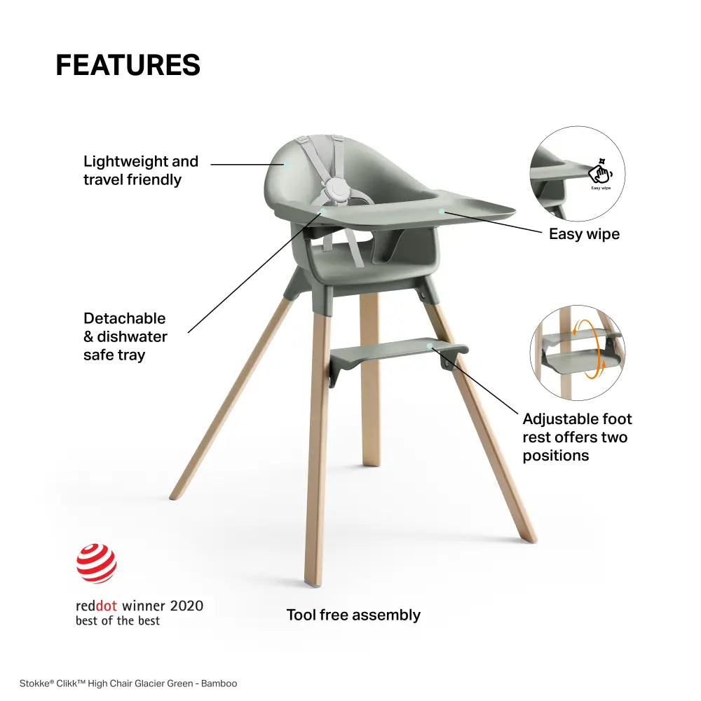 Stokke® Clikk™ High Chair  – Lightweight, Tool-Free Assembly, Adjustable Footrest, Travel-Friendly, 5 - Point Harness Easy-Clean Highchair for Babies &amp; Toddlers (6–36 Months, Up to 15 kg) - Glacier Green