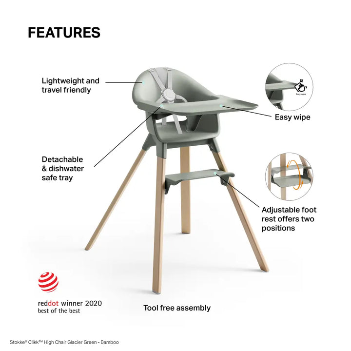 Stokke® Clikk™ High Chair  – Lightweight, Tool-Free Assembly, Adjustable Footrest, Travel-Friendly, 5 - Point Harness Easy-Clean Highchair for Babies &amp; Toddlers (6–36 Months, Up to 15 kg) - Glacier Green