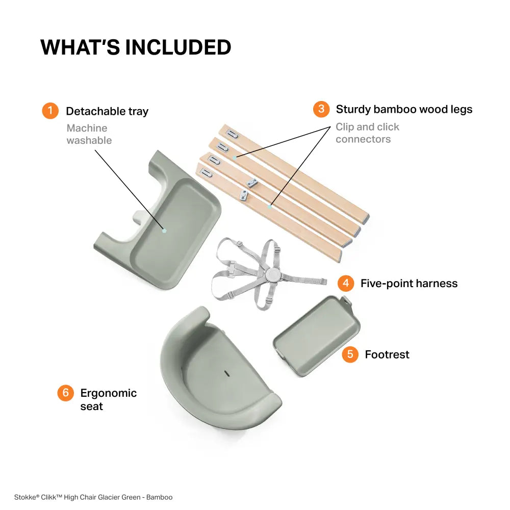 Stokke® Clikk™ High Chair  – Lightweight, Tool-Free Assembly, Adjustable Footrest, Travel-Friendly, 5 - Point Harness Easy-Clean Highchair for Babies &amp; Toddlers (6–36 Months, Up to 15 kg) - Glacier Green
