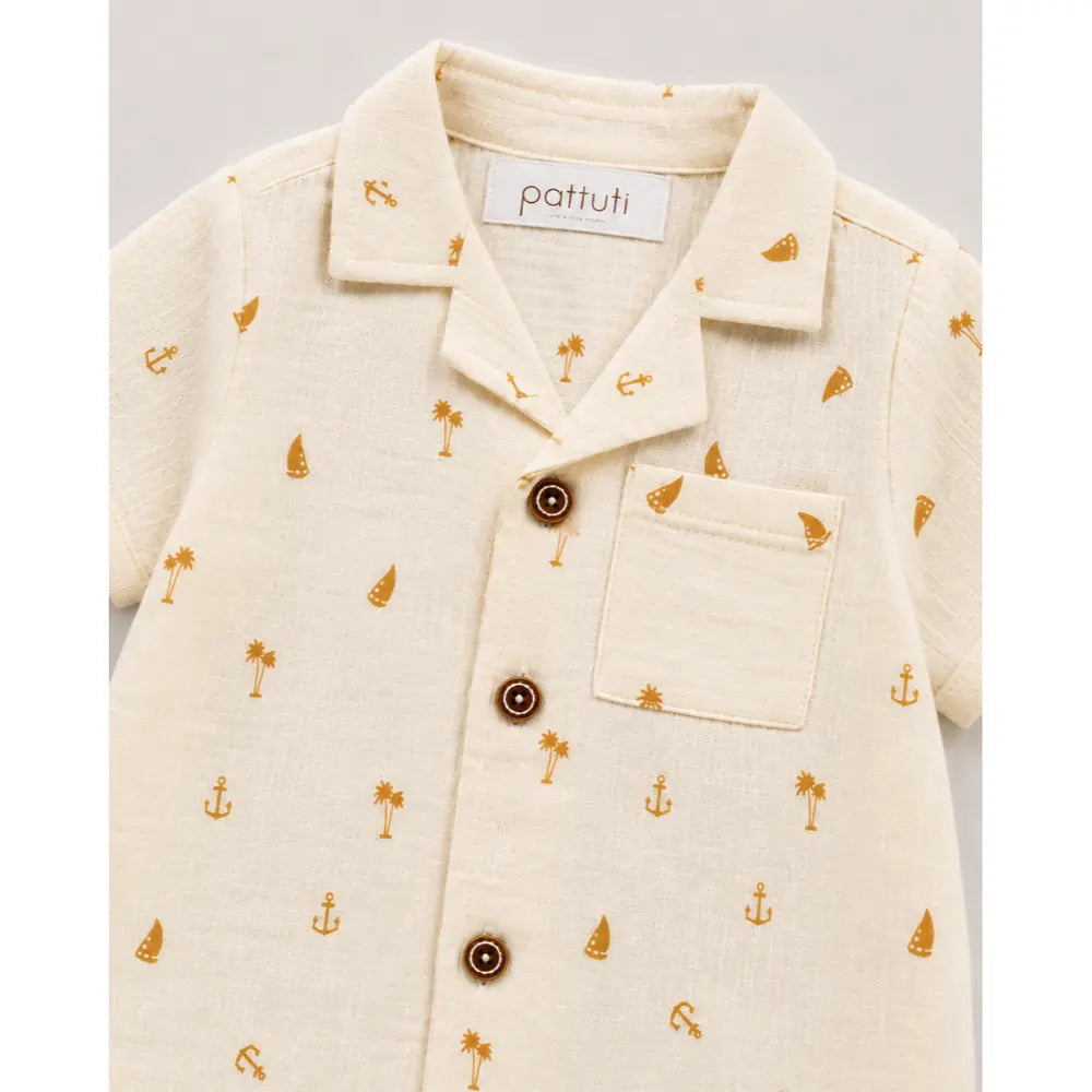 Pattuti Sustainable Double Gauge Cotton Coconut Tree Print Shirt, Shorts &amp; Hat - Off White