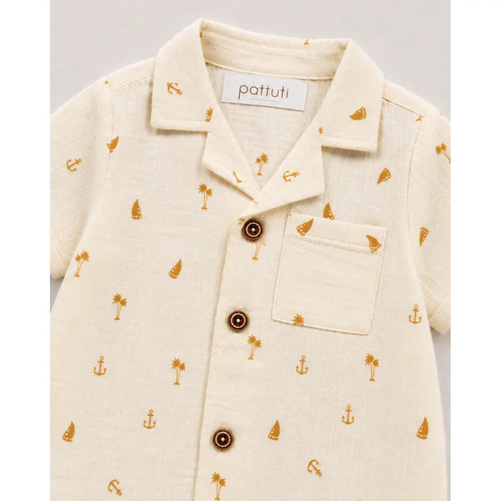 Pattuti Sustainable Double Gauge Cotton Coconut Tree Print Shirt, Shorts &amp; Hat - Off White