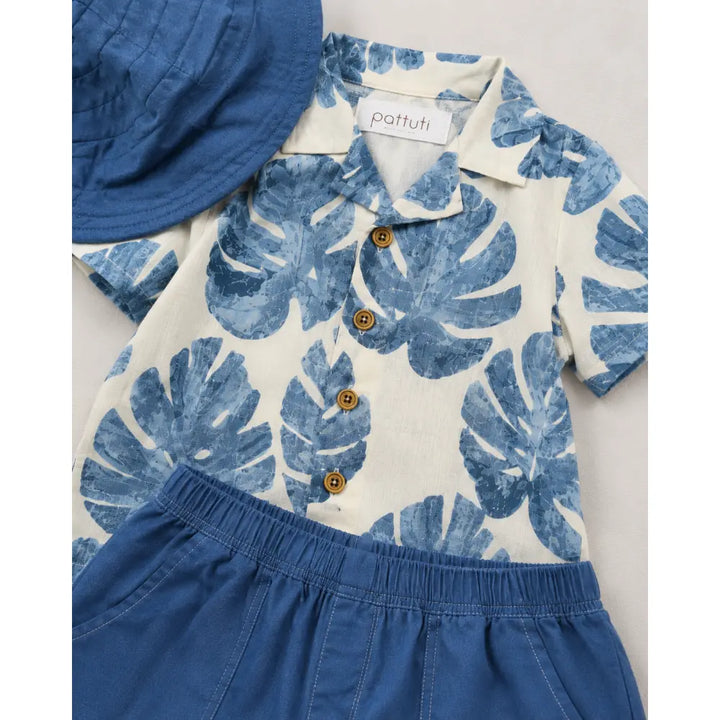 Pattuti Sustainable Cotton Tropical Print Shirt,Shorts &amp; Hat Set - Navy Blue
