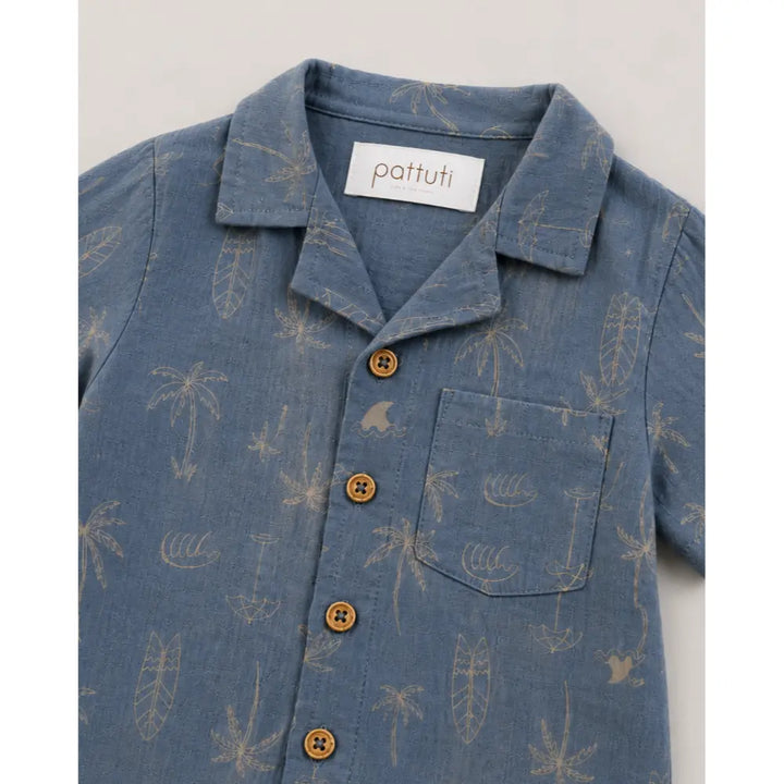 Pattuti Sustainable Double Gauge Cotton Beach Print Shirt, Shorts &amp; Hat - Dusty Blue