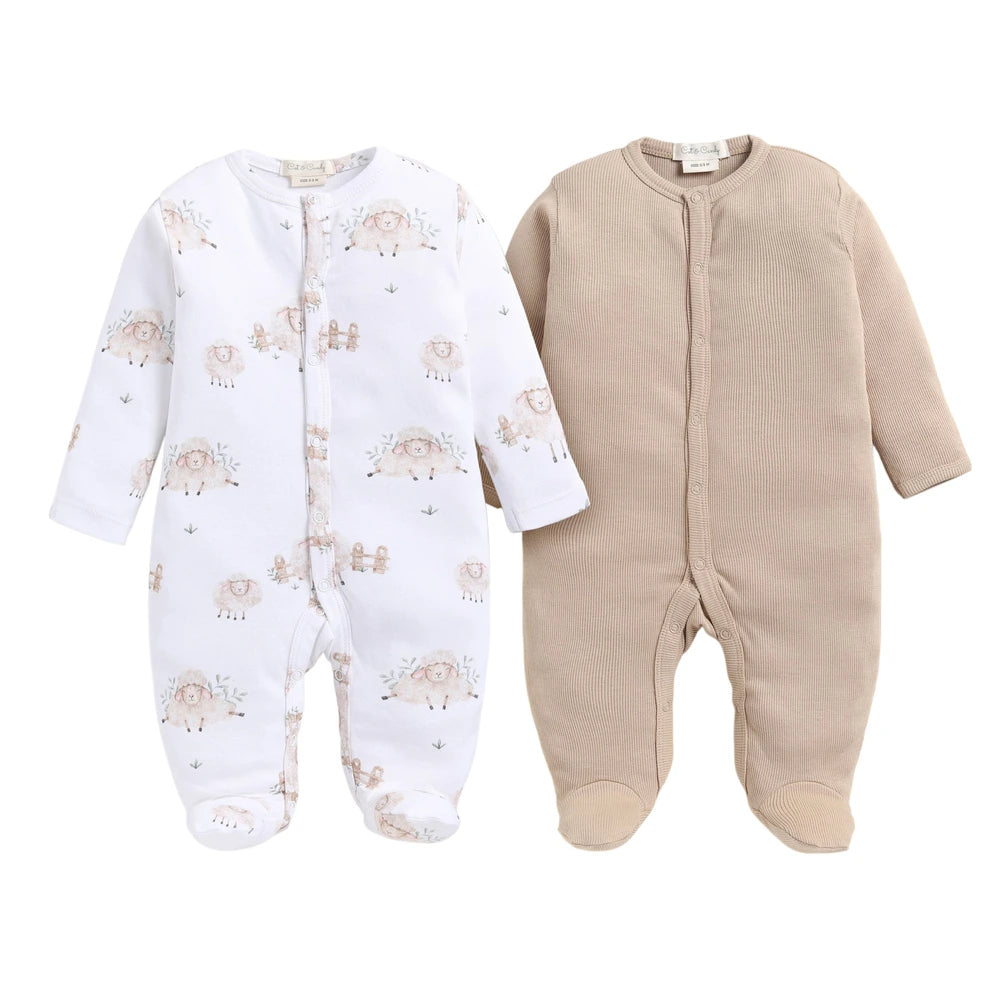 Cot &amp; Candy Baby Organic Footed Sleepsuit - Latte + Sheep print