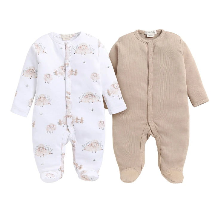 Cot &amp; Candy Baby Organic Footed Sleepsuit - Latte + Sheep print