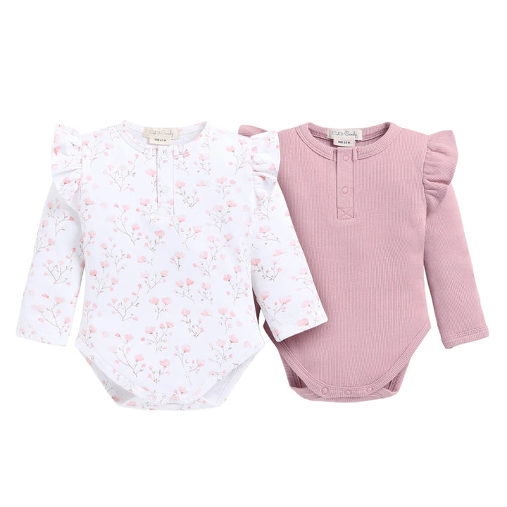 Cot &amp; Candy Baby Organic Full Sleeve Frill Bodysuit - Cherry Blossom Print + Blush Pink