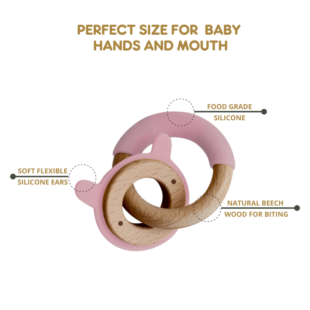 Little Rawr Wood Disc & Ring Teether Pink