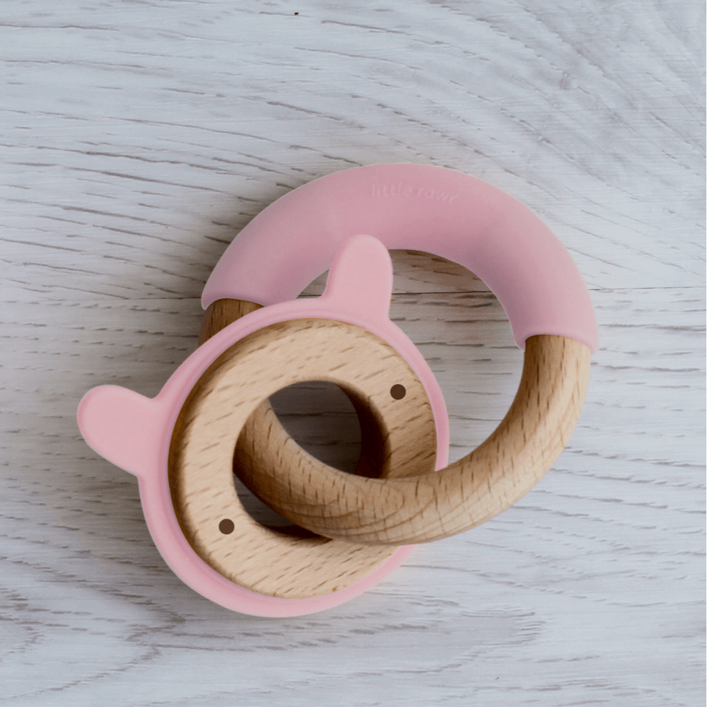 Little Rawr Wood Disc & Ring Teether Pink