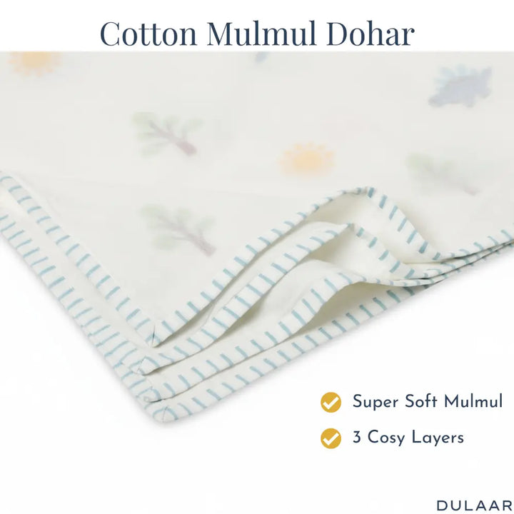 Dulaar Mulmul Muslin Dohar | Hand-Block Printed - A Day with Dinos (OG)
