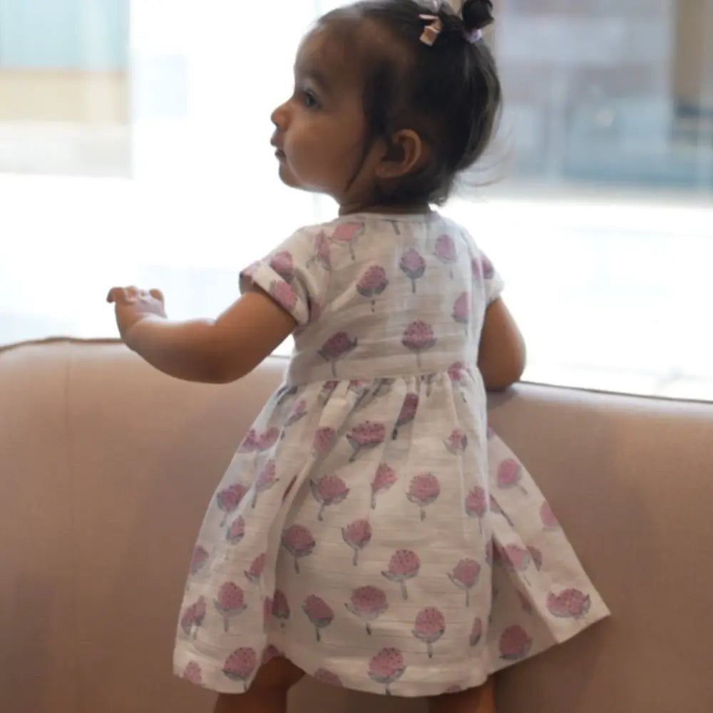 Dulaar Organic Muslin Dress | Hand-Block Printed - Cotton Cheer Pink Bud