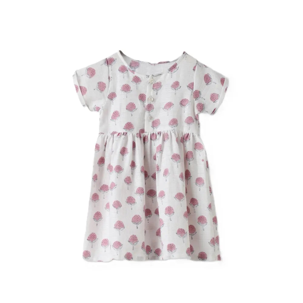 Dulaar Organic Muslin Dress | Hand-Block Printed - Cotton Cheer Pink Bud