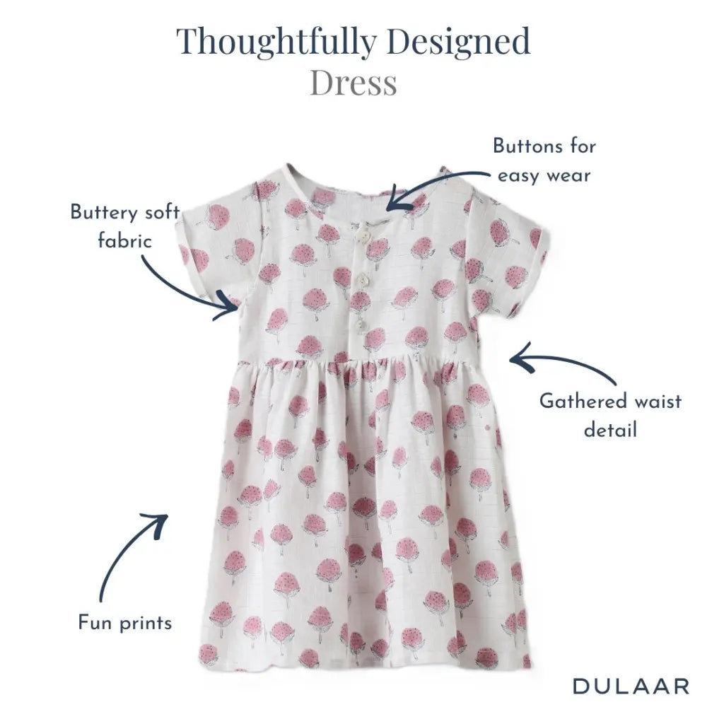 Dulaar Organic Muslin Dress | Hand-Block Printed - Cotton Cheer Pink Bud
