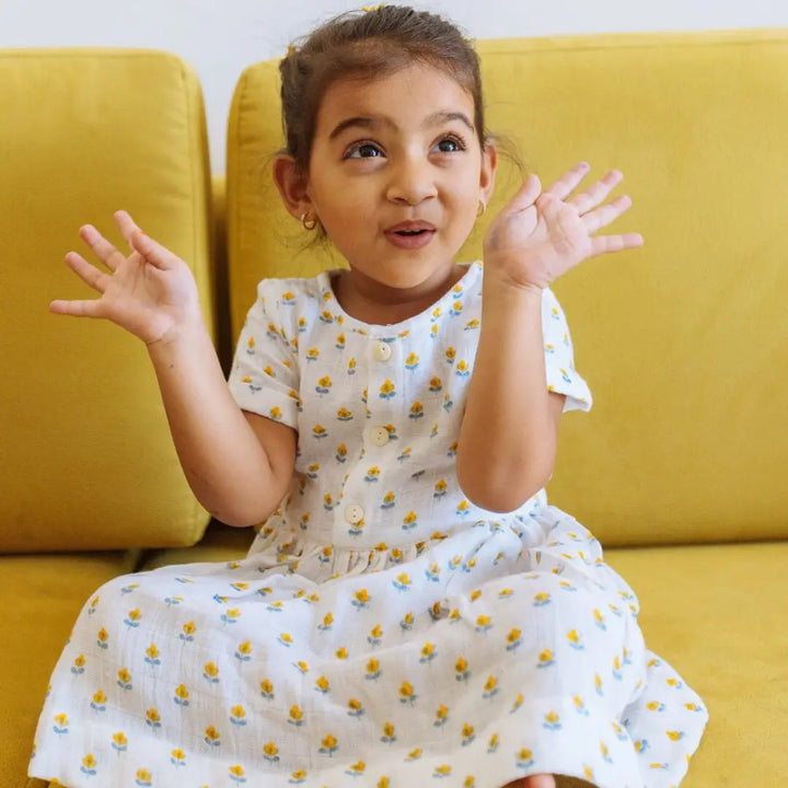 Dulaar Organic Muslin Dress | Hand-Block Printed - Flowers from Sanganer