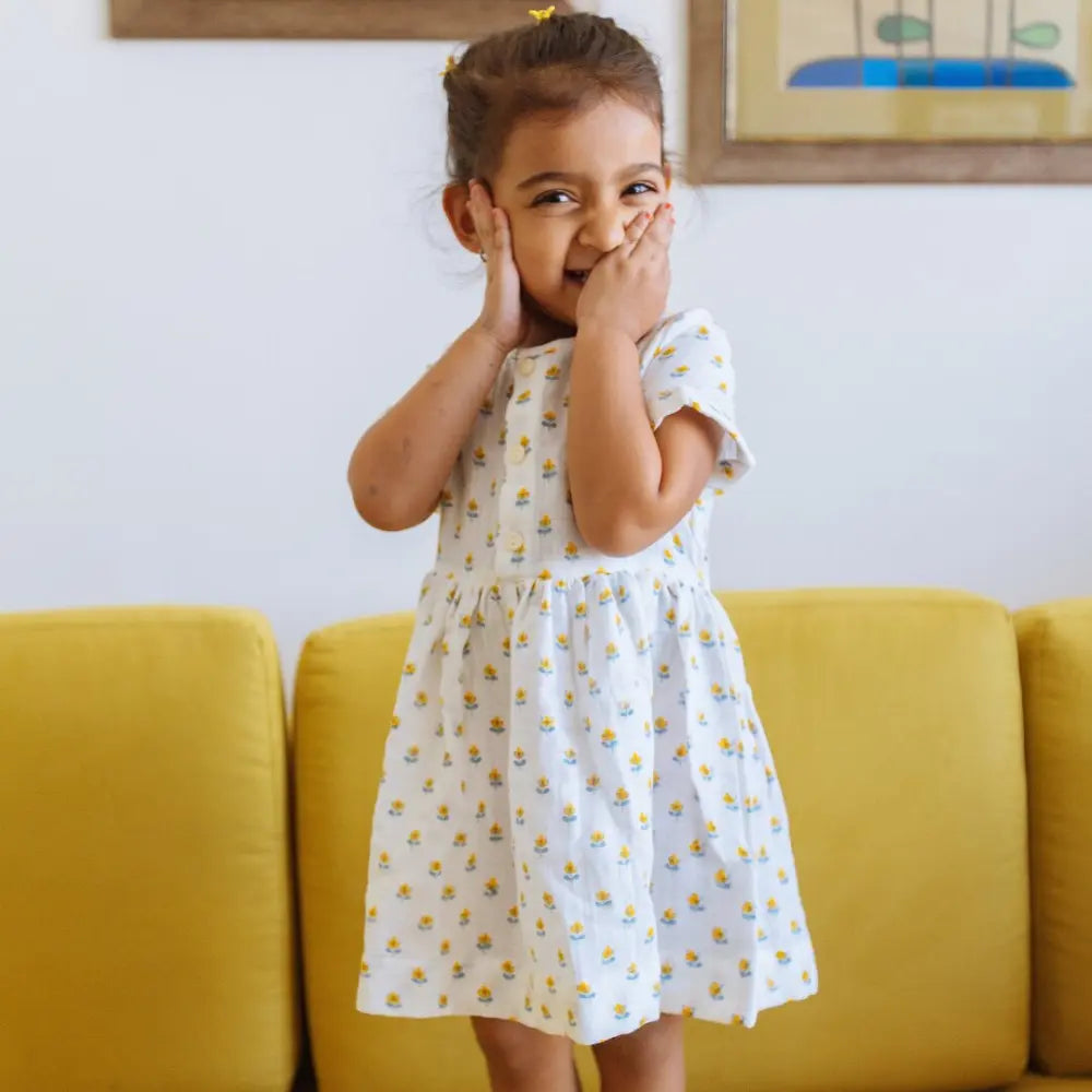 Dulaar Organic Muslin Dress | Hand-Block Printed - Flowers from Sanganer