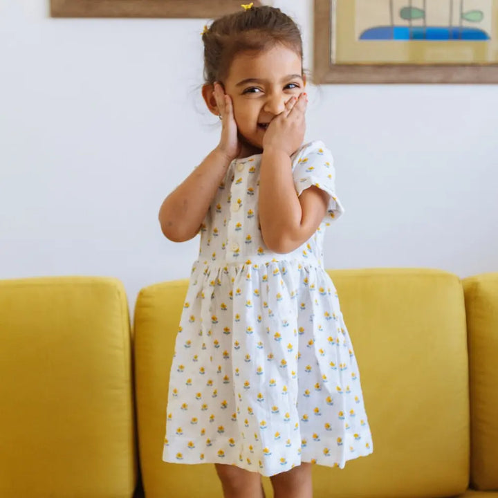 Dulaar Organic Muslin Dress | Hand-Block Printed - Flowers from Sanganer