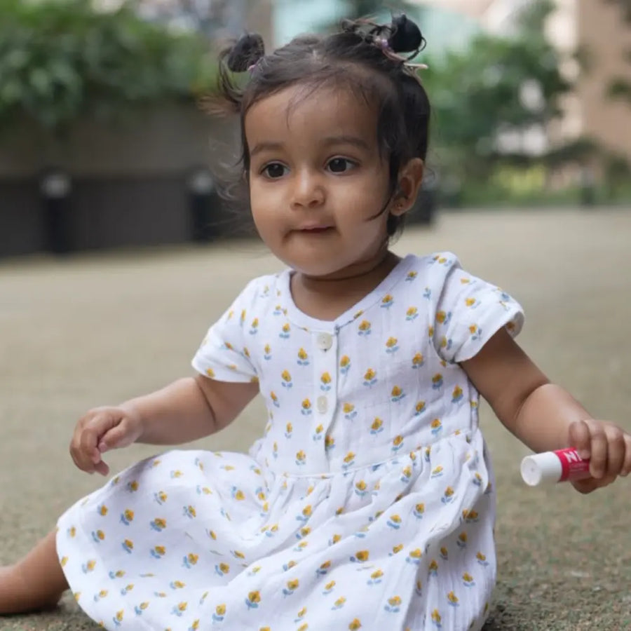 Dulaar Organic Muslin Dress | Hand-Block Printed - Flowers from Sanganer