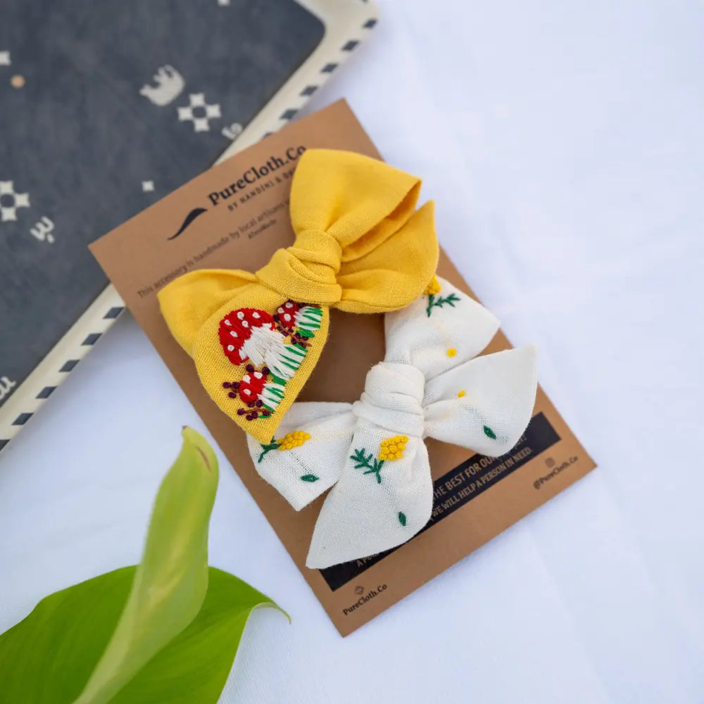 PureCloth.Co Cotton Linen Hair Bow Clip Mushroom