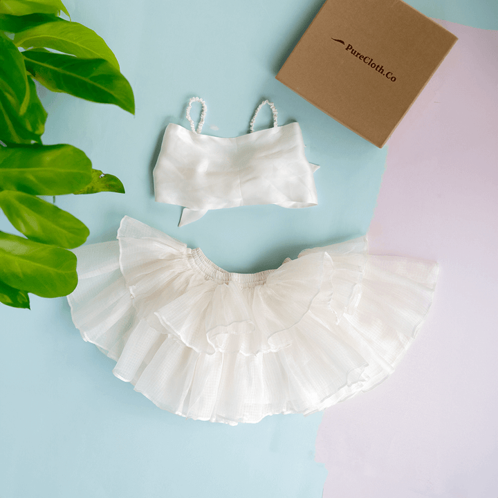 PureCloth.Co Kota Silk Tiered Skirt Model Top Set for Girls - Off-White