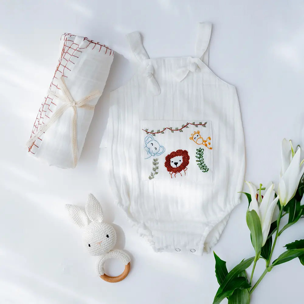 Purecloth Jungle Pals Playsuit | Cotton Muslin Baby Romper - Off-White