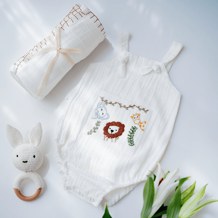PureCloth.Co Baby Gift Hamper with Cotton Romper and Swaddle- White