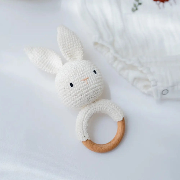 PureCloth.Co Timber Tots Crochet Bunny Rattle / Teether - Off-White
