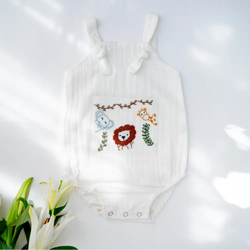 Purecloth Jungle Pals Playsuit | Cotton Muslin Baby Romper - Off-White