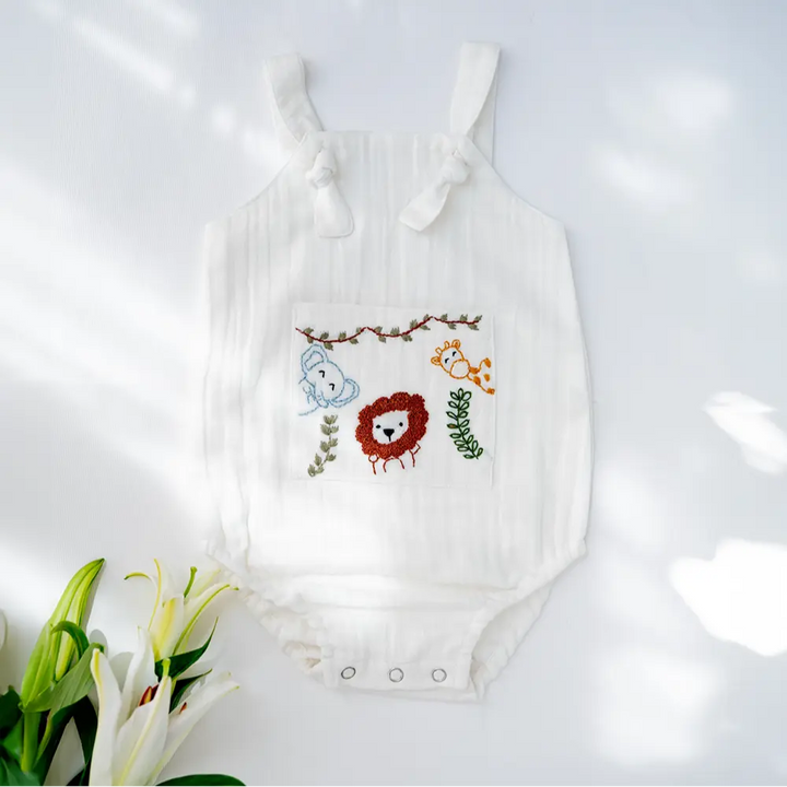 Purecloth Jungle Pals Playsuit | Cotton Muslin Baby Romper - Off-White