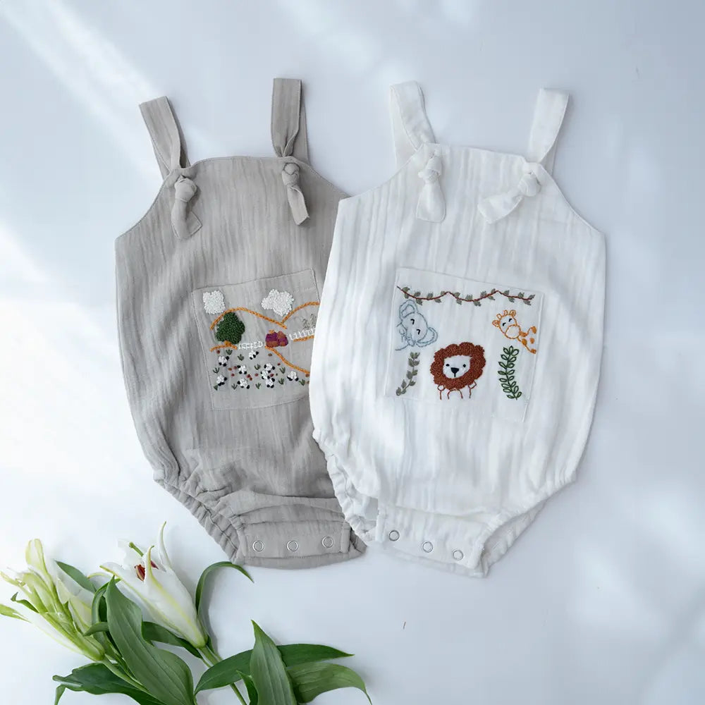 Purecloth Jungle Pals Playsuit | Cotton Muslin Baby Romper - Off-White
