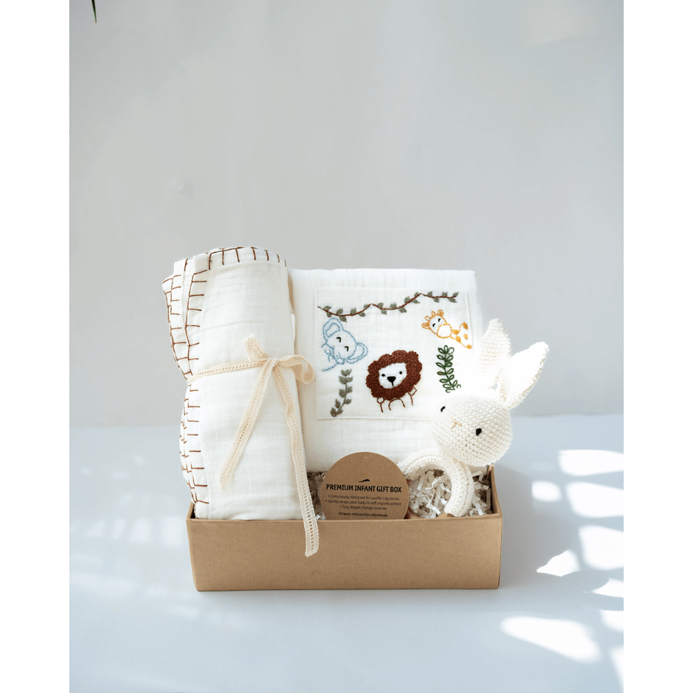 PureCloth.Co Baby Gift Hamper with Cotton Romper and Swaddle- White