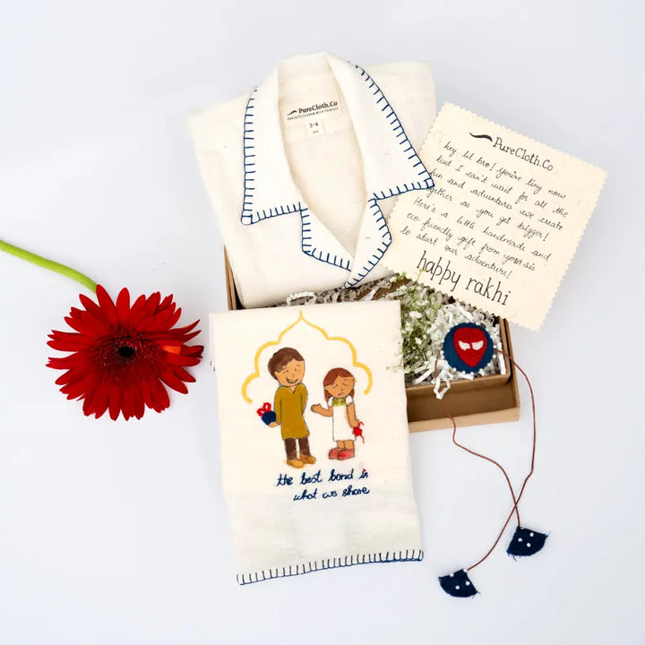 PureCloth.Co Baby Boy Gift Hamper | Eco-friedly Rakhi Gift Box For Boys | Kora Classic Bond of Love Set - Off-White