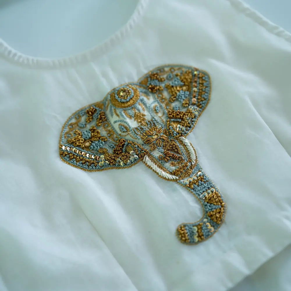 Purecloth.Co Royal Elephant Embroidery Skirt &amp; Top| Off-White