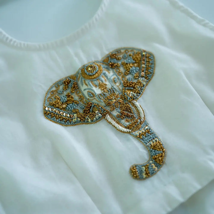 Purecloth.Co Royal Elephant Embroidery Skirt &amp; Top| Off-White