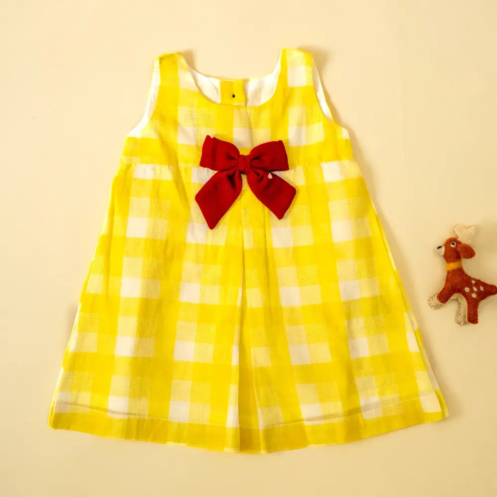 PureCloth.Co Vintage Bow Dress for Girls | Yellow Check