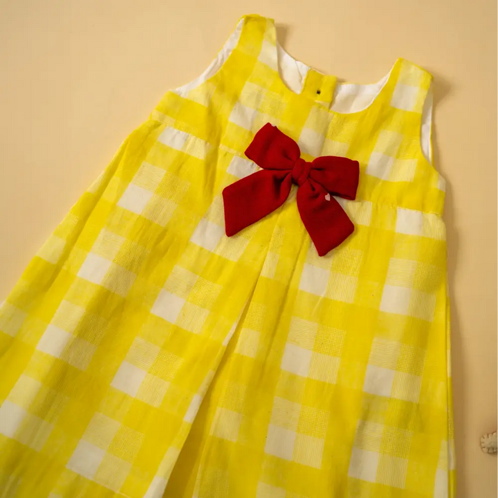 PureCloth.Co Vintage Bow Dress for Girls | Yellow Check