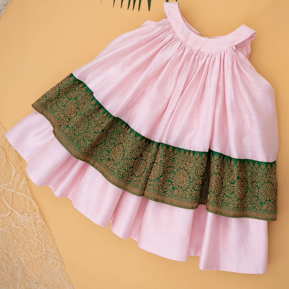 PureCloth.Co Chanderi Silk Dress for Baby Girl Banarasi Border - Pink
