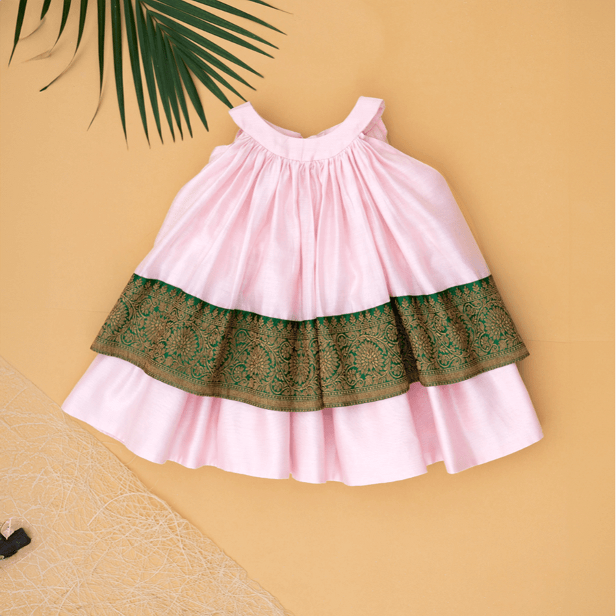 PureCloth.Co Chanderi Silk Dress for Baby Girl Banarasi Border - Pink