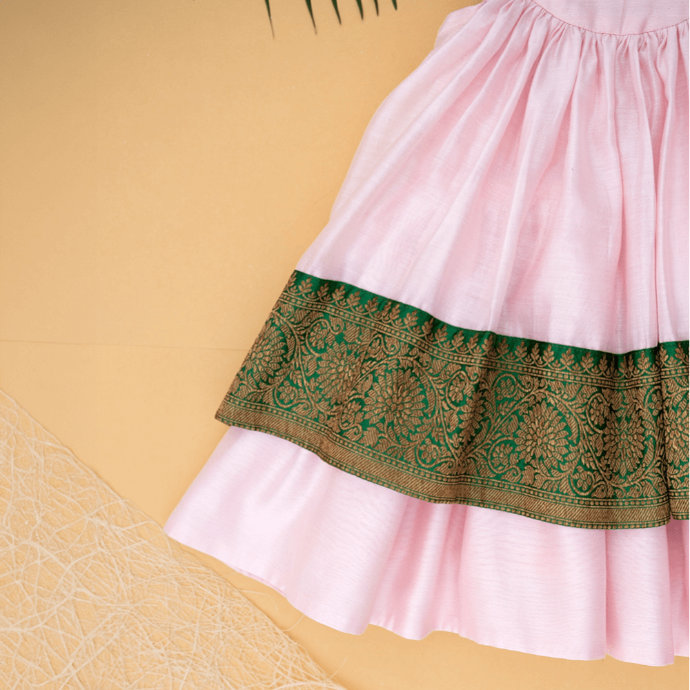 PureCloth.Co Chanderi Silk Dress for Baby Girl Banarasi Border - Pink