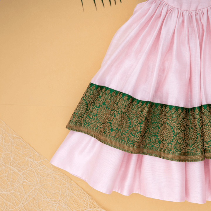 PureCloth.Co Chanderi Silk Dress for Baby Girl Banarasi Border - Pink