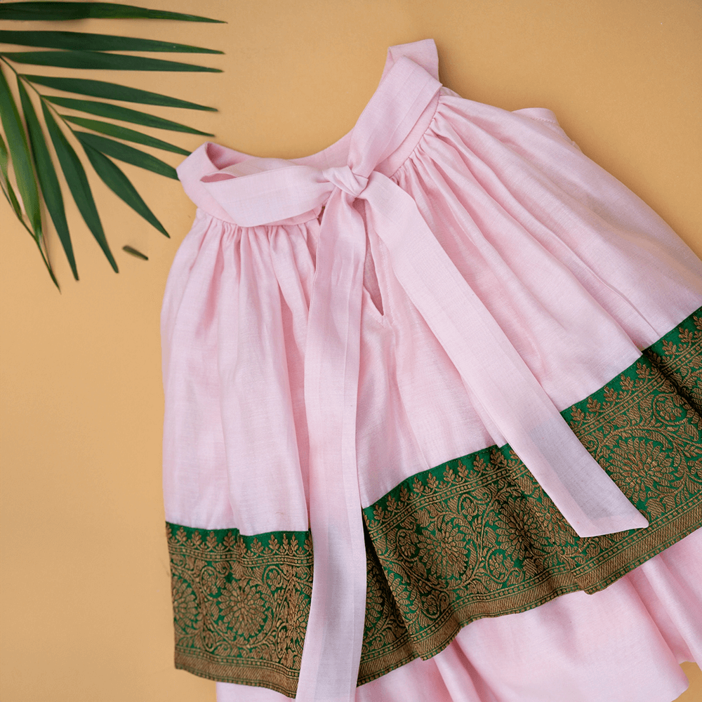 PureCloth.Co Chanderi Silk Dress for Baby Girl Banarasi Border - Pink
