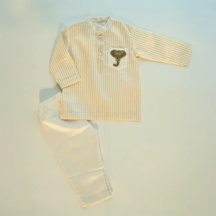 PureCloth.Co Royal Elephant | Boys Silk Kurta - Golden Stripe
