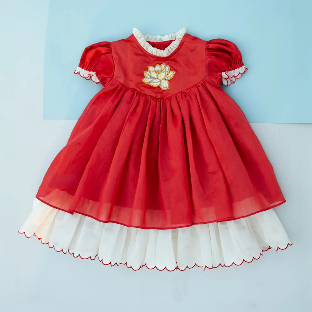 PureCloth.Co Lotus Bloom | Red Chanderi Silk Festive Dress - Red