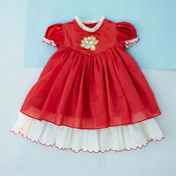 PureCloth.Co Lotus Bloom | Red Chanderi Silk Festive Dress - Red