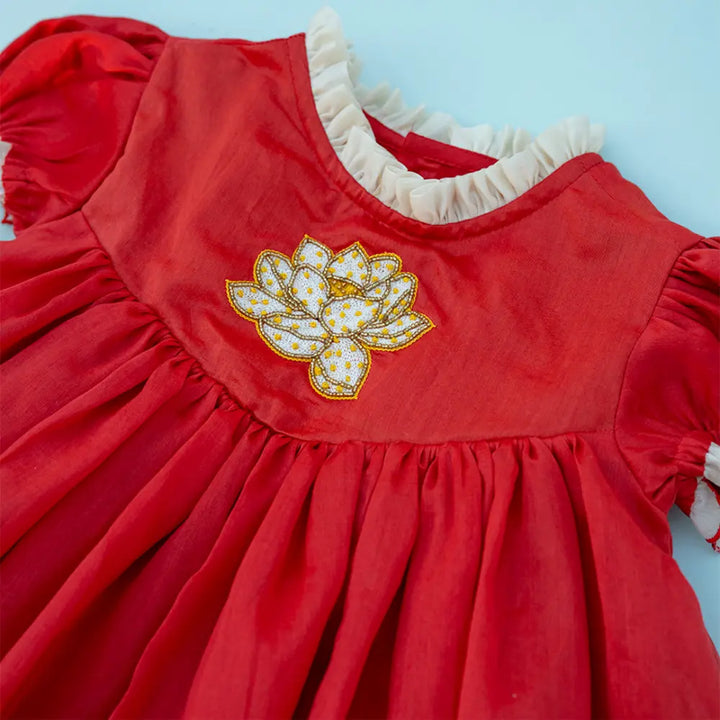 PureCloth.Co Lotus Bloom | Red Chanderi Silk Festive Dress - Red