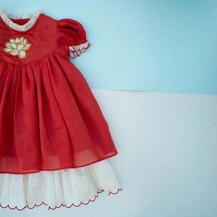 PureCloth.Co Lotus Bloom | Red Chanderi Silk Festive Dress - Red