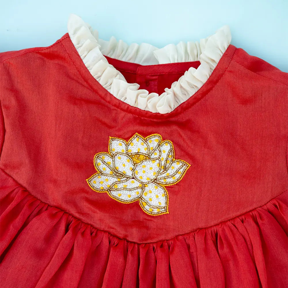 PureCloth.Co Lotus Bloom | Red Chanderi Silk Festive Dress - Red