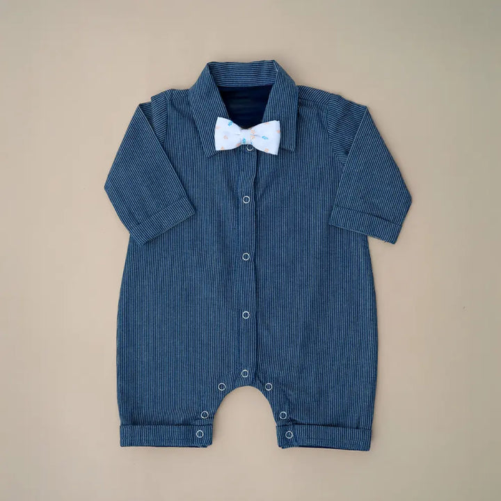 PureCloth.Co Adventure Romper with Bow Tie - Blue Stipes